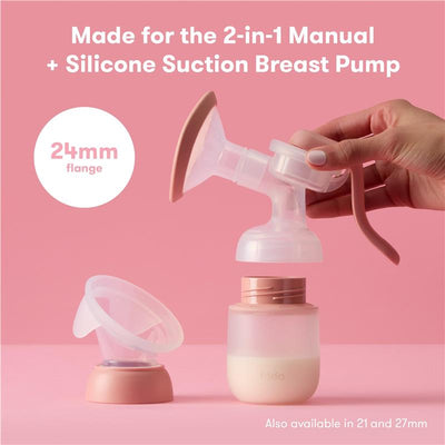 Breast pump flange insert by Frida Mom, 24mm size, shown with a manual breast pump and storage bottle against a pink background.