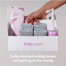 Frida Mom C-Section Recovery Kit in a caddy, featuring gray mesh underwear, a pink peri bottle, and a healing package.