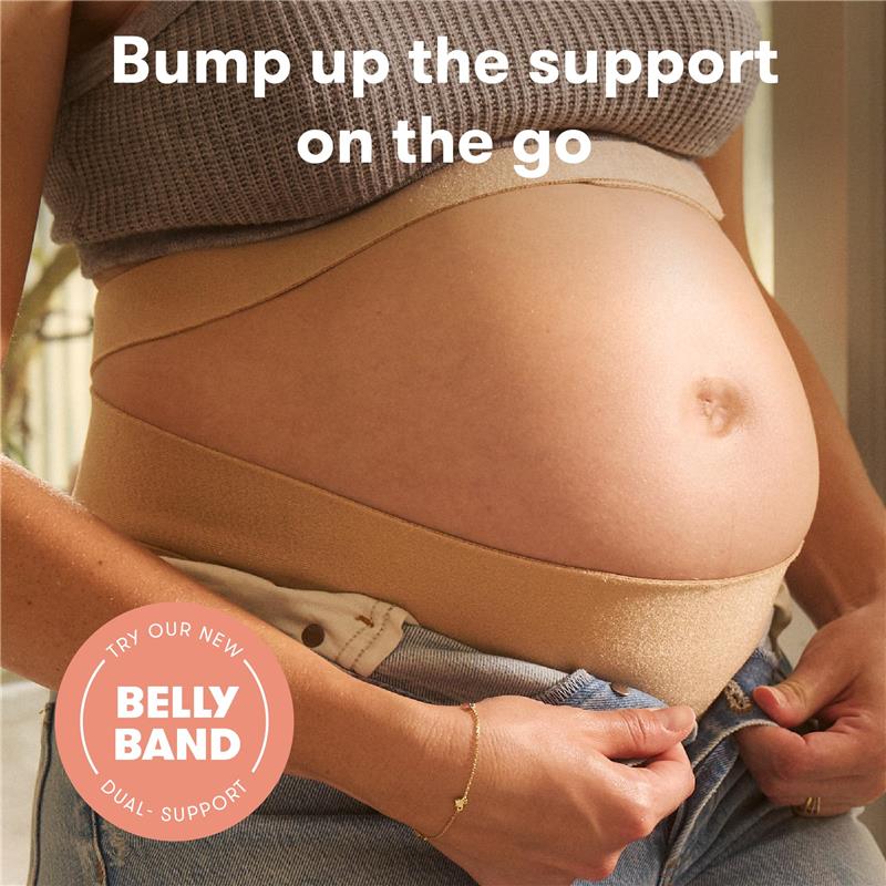 Belly band providing support to a pregnant woman, with text encouraging use and showcasing a relaxed home setting.