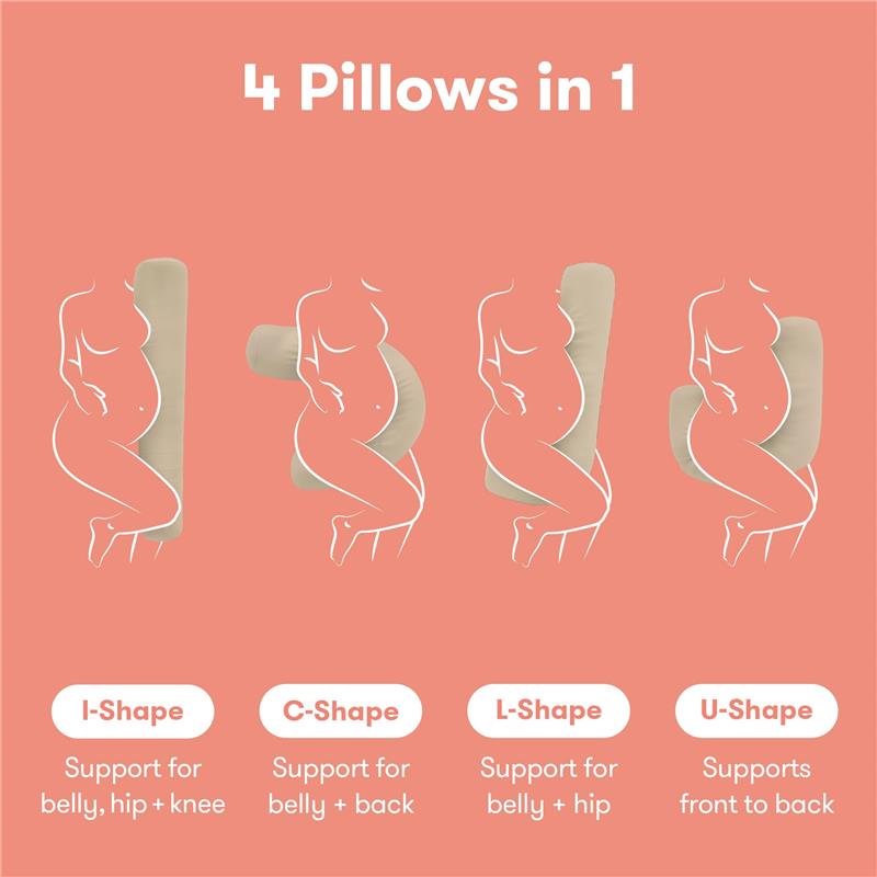 Frida Mom Compact Support 4-in-1 Cooling Pregnancy Pillow, showing four shapes with support options for different body areas.