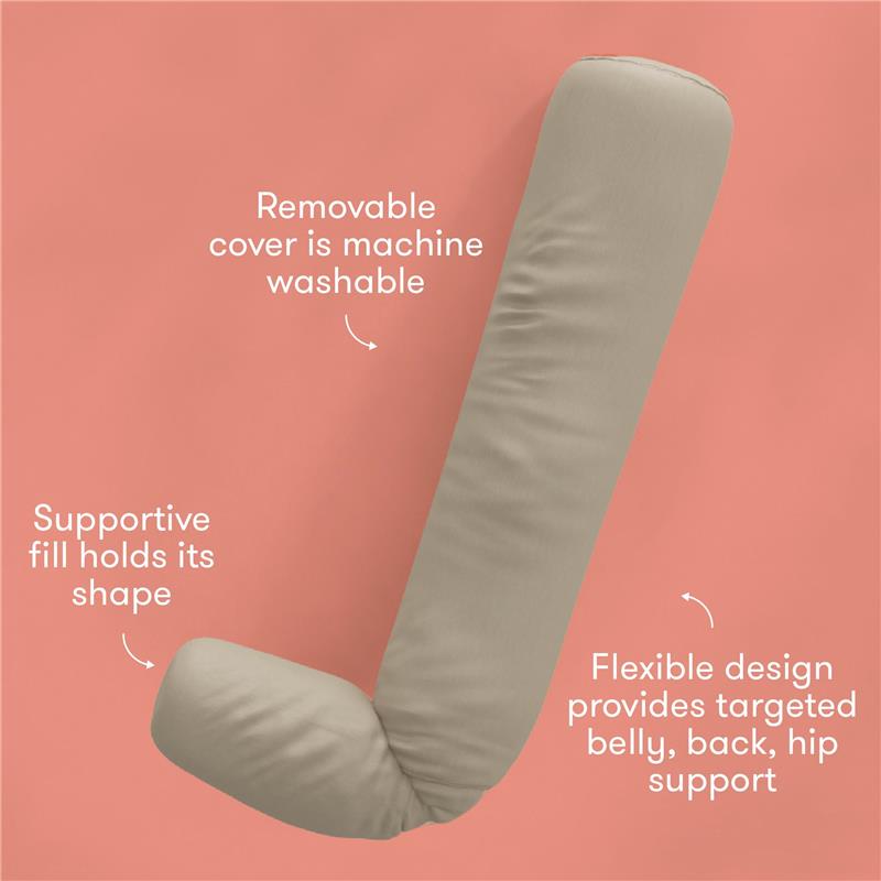 Frida Mom Compact Support 4-in-1 Cooling Pregnancy Pillow in beige, featuring machine washable cover and supportive fill.