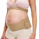 Frida Mom Dual Support Pregnancy Belly Band in clay color worn by a pregnant woman, providing support for her belly.