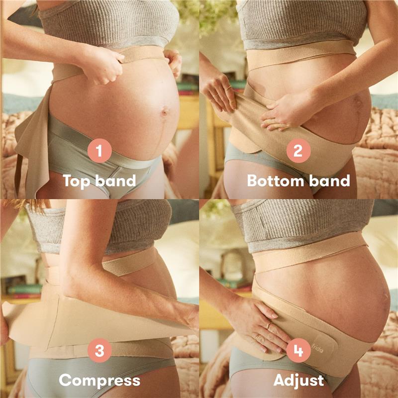 Frida Mom Dual Support Pregnancy Belly Band in clay color, showing how to secure and adjust the maternity support bands.