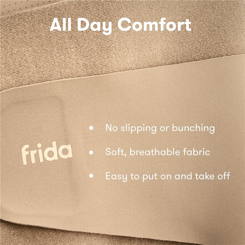 Frida Mom Dual Support Pregnancy Belly Band in clay color, featuring soft, breathable fabric with benefits listed.