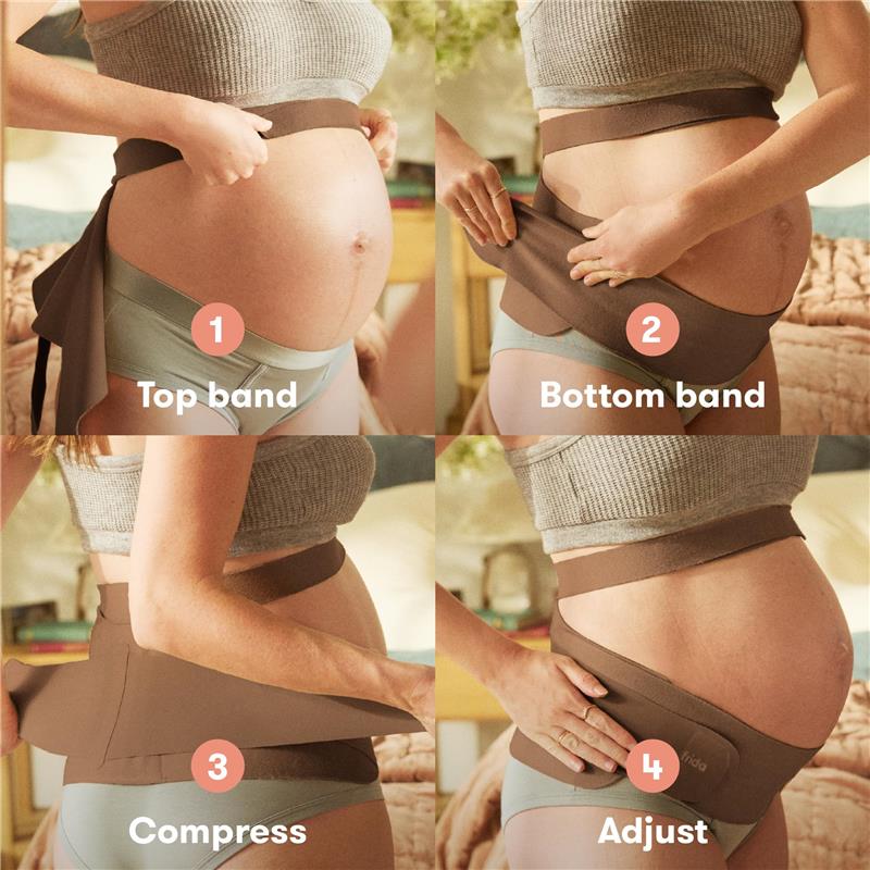 Frida Mom Dual Support Pregnancy Belly Band in cocoa, demonstrating steps to apply for support: top band, bottom band, compression, and adjustment.