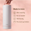 Frida Mom Flow + Go Breastmilk Cooler in white with a pink handle, highlighting its 20oz capacity and TSA-friendly features.