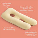 Frida Mom Full Body Support Cooling Pregnancy Pillow, contoured with a central hole, firm fill, and band for stability.