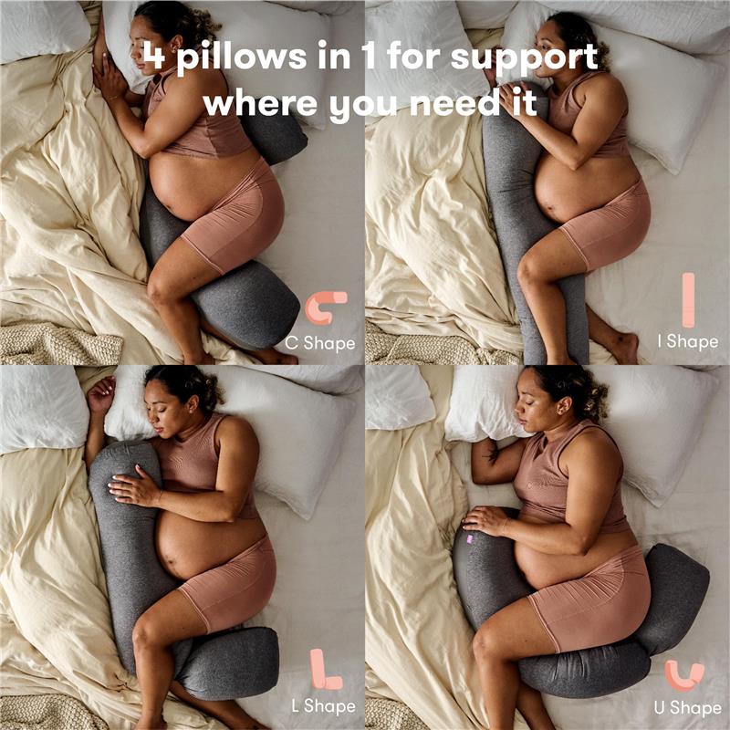 Frida Mom Pregnancy Body Pillow in gray, adjustable, showcasing different shapes for support during pregnancy.