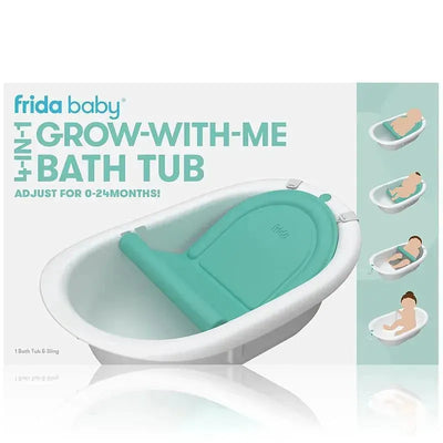 Fridababy 4-In-1 Grow With Me Bath Tub, designed for infants 0-24 months, features an adjustable sling for safe bathing.