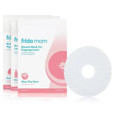Frida Mom Breast Mask for Lactation featuring three packages and a white mask for soothing engorgement.