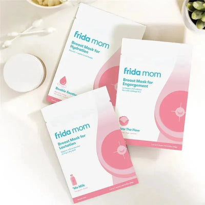 Frida Mom breast masks for lactation, hydration, and engorgement, featuring pink graphics and product descriptions.