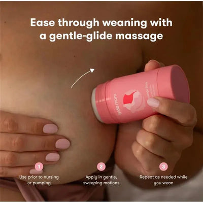 Fridababy breastfeeding weaning cream being applied on skin, with usage instructions displayed above.
