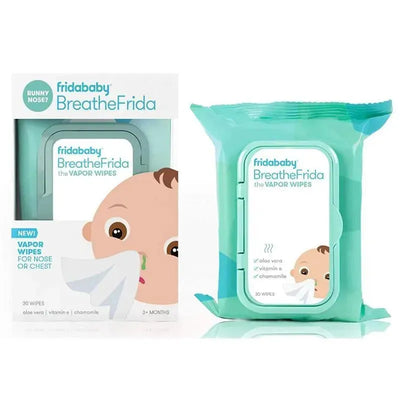 Fridababy BreatheFrida Vapor Wipes, 30-count package, featuring a baby with a runny nose and details on ingredients.