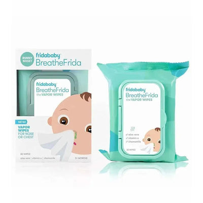 BreatheFrida vapor wipes box featuring a baby with tissue, includes 30 wipes with aloe vera, vitamin E, and chamomile.