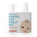 Frida Baby Cradle Cap Scalp Set featuring a scalp mask and leave-in conditioner spray for treating cradle cap in babies.