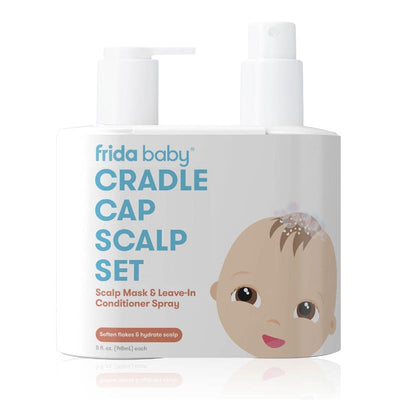 Frida Baby Cradle Cap Scalp Set featuring a scalp mask and leave-in conditioner spray for treating cradle cap in babies.