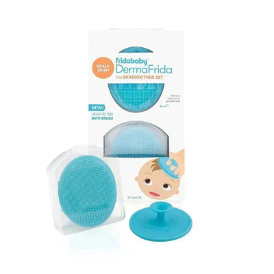 Fridababy DermaFrida Skinsoother set including two turquoise bath brushes for treating scaly skin. Packaging shows a baby using the brush.
