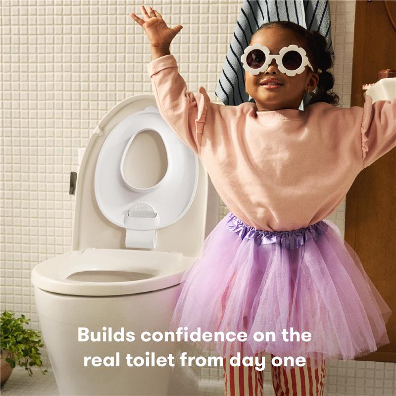 Potty training seat for toddlers next to a child celebrating while wearing a pink sweater and purple tutu, with text promoting confidence.