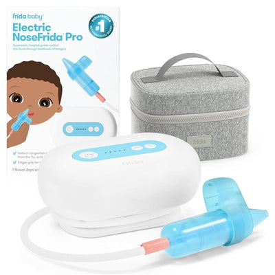 Electric NoseFrida Pro nasal aspirator from Fridababy, featuring a white unit, blue accents, and a storage case.