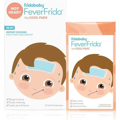 Fridababy FeverFrida Cool Pads packaging featuring a boy with a cool pad on his forehead, promoting instant cooling for fever relief.