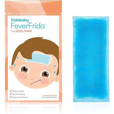 Fridababy FeverFrida Cool Pads packaging next to a blue gel cold compress, designed for cooling fever in children.