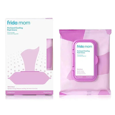 Frida Mom Perineal Cooling Pad Liners package featuring witch hazel, designed for postpartum healing with 24 full-coverage liners.