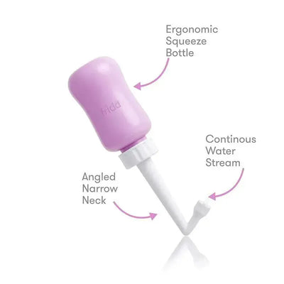Postpartum peri bottle by Frida, featuring an ergonomic design, angled narrow neck, and continuous water stream.