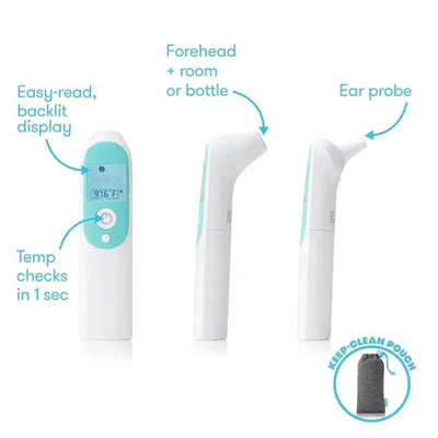 Fridababy Infrared Thermometer 3-in-1 with an easy-read display and options for forehead, room, or ear temperature checks.