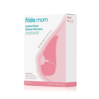 Frida Mom Instant Heat Reusable Breast Warmers box featuring a pink breast illustration, describing quick relief for sore breasts.