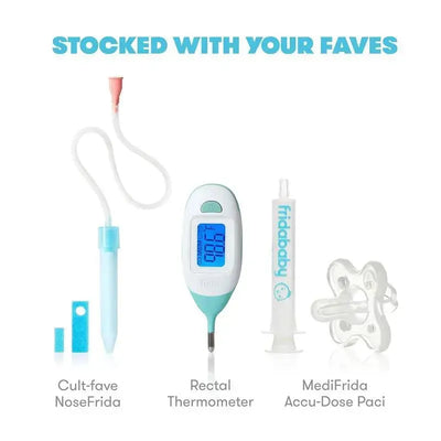 FridaBaby Mobile Medicine Cabinet Travel Kit featuring NoseFrida, Rectal Thermometer, and MediFrida Accu-Dose Paci.