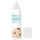 FridaBaby NoseFrida Saline Mist Spray, 3.4 oz, white bottle with baby face illustration, helps decongest nasal passages.