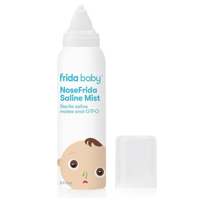 FridaBaby NoseFrida Saline Mist Spray, 3.4 oz, white bottle with baby face illustration, helps decongest nasal passages.