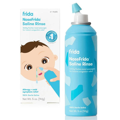 NoseFrida Saline Rinse bottle and packaging, designed for safe nasal congestion relief in children.