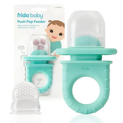 Push Pop Feeder in teal for babies, includes three feeders with an easy-grip handle and a food holder, secure for introducing new foods.