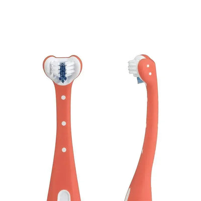 Two pink toothbrushes designed for children, featuring heart-shaped heads with soft bristles and ergonomic handles.
