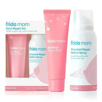 Frida Mom Sore Nipple Set includes No-Mess Nipple Balm and Cracked Nipple Saline Spray for breast care.