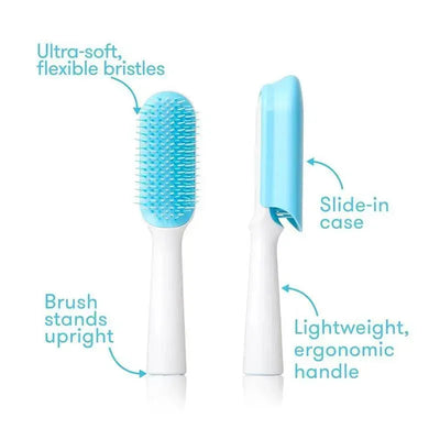 Fine or straight hair detangling brush for kids with ultra-soft bristles, slide-in case, and ergonomic handle.