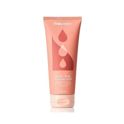FridaMom Bump + Body In-Shower Lotion, 6 oz tube with moisturizing formula for hydration, featuring pink packaging and product name.