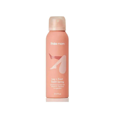 FridaMom Leg + Foot Spray for Swelling, 3.4 oz, in a pink bottle featuring an illustration of a leg and foot.