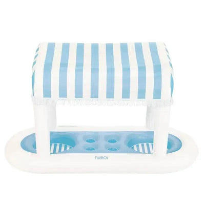 Blue and white striped floating cabana bar with drink holders and a stylish canopy, branded FUNBOY.
