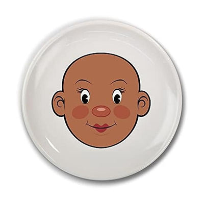 Ceramic dinner plate designed for kids, featuring a smiling cartoon face with a bald head for creative food styling.