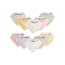 Multi-pack of Gerber bandana bibs for baby girls in various pastel colors and patterns, including polka dots and stripes.
