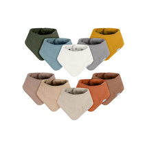 Set of ten Gerber muslin bandana bibs in neutral multi-brown colors, each featuring snap closures and a soft texture.