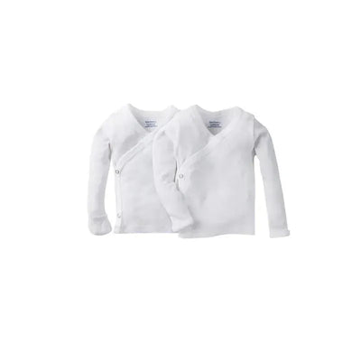 Long sleeve white side-snap shirts from Gerber, featuring soft fabric and stylish v-neck design, sold in a 2-pack.