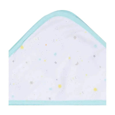 Hooded towel featuring a pastel design with stars and moons, bound with a light blue trim, ideal for babies.