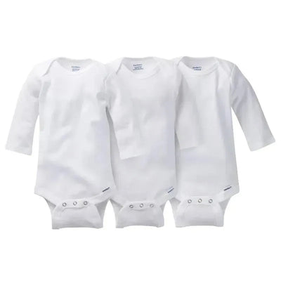 Gerber 3-Pack of white long sleeve onesies featuring snap closures at the bottom for easy dressing.