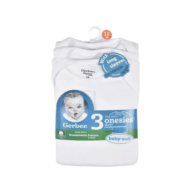 Gerber long sleeve onesie set for babies, includes three white onesies packaged with a label indicating size 12M.