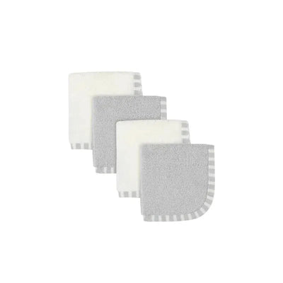 Four woven washcloths in grey and ivory, showcasing striped edges, suitable for baby care.