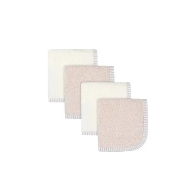 Set of four pink woven washcloths for girls, featuring two white and two light pink cloths with striped borders.
