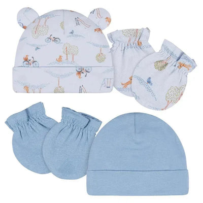Four-piece set including a bear-ear cap and two pairs of blue mittens for boys aged 0-6 months.